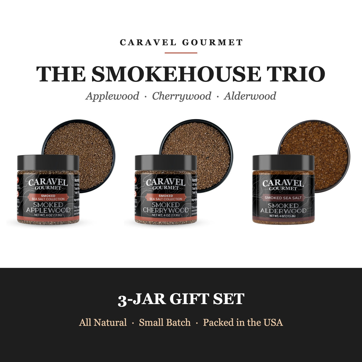 Caravel Gourmet Smokehouse Trio - Applewood, Cherrywood and Alderwood Smoked Sea Salt 4 oz jars