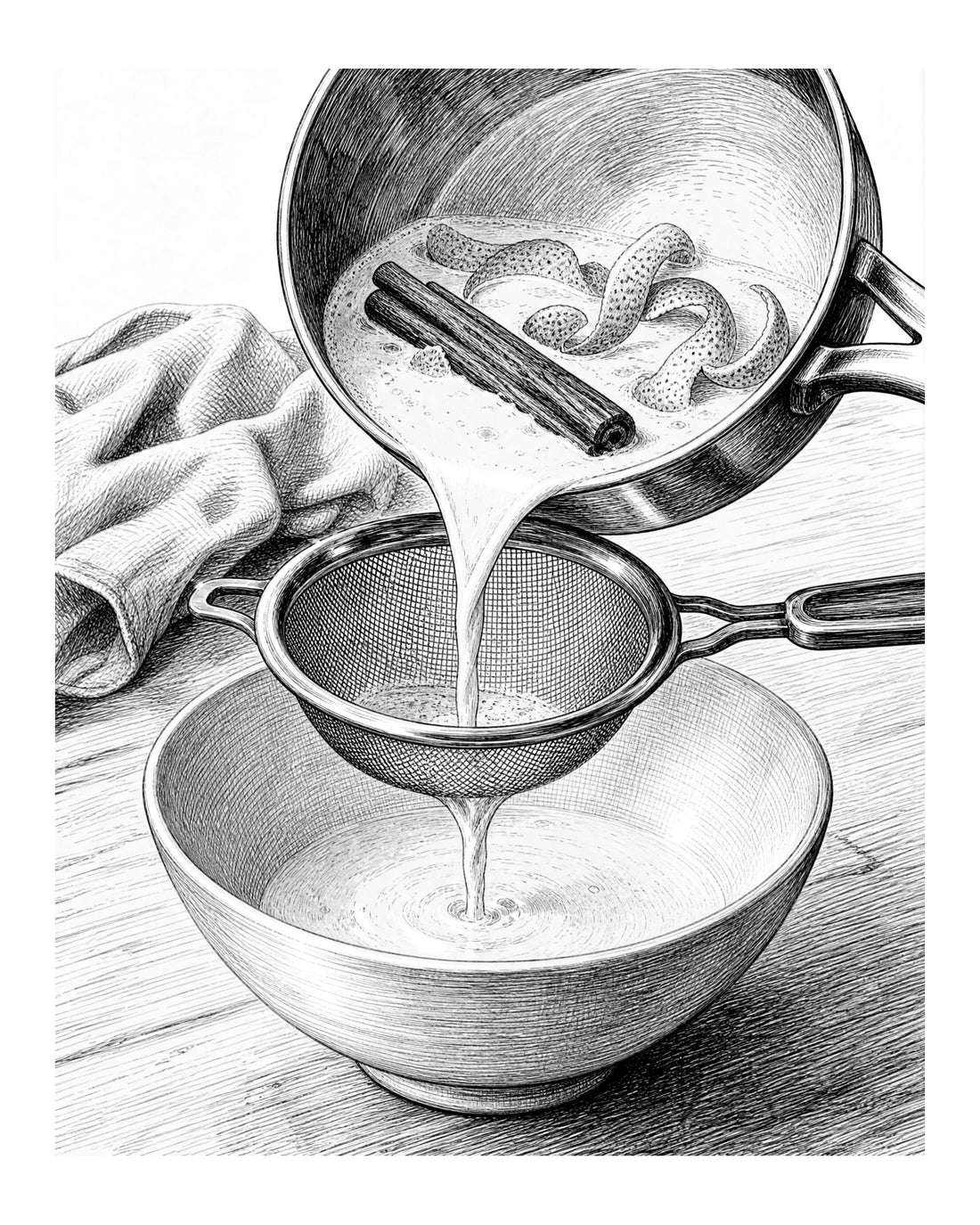 A cook strains aromatic-infused cream from a saucepan into a clean bowl.