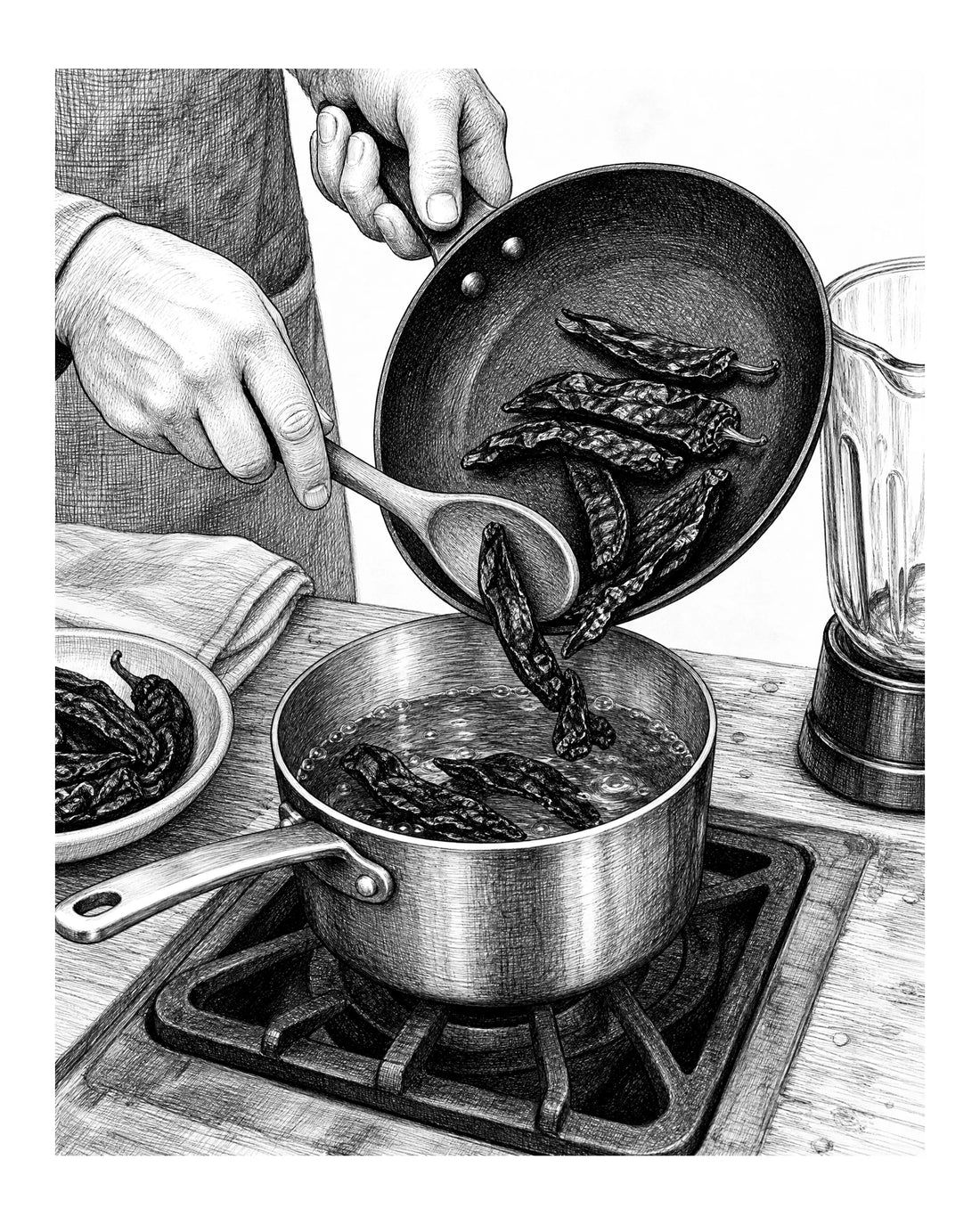 A cook transfers toasted dried chiles from a dry skillet into a saucepan of simmering liquid.