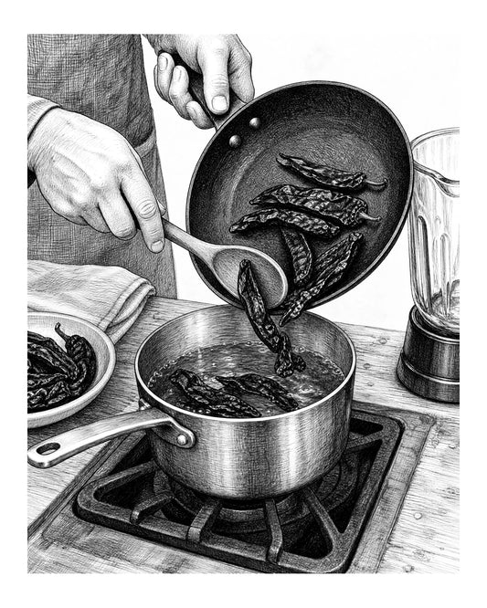 A cook transfers toasted dried chiles from a dry skillet into a saucepan of simmering liquid.