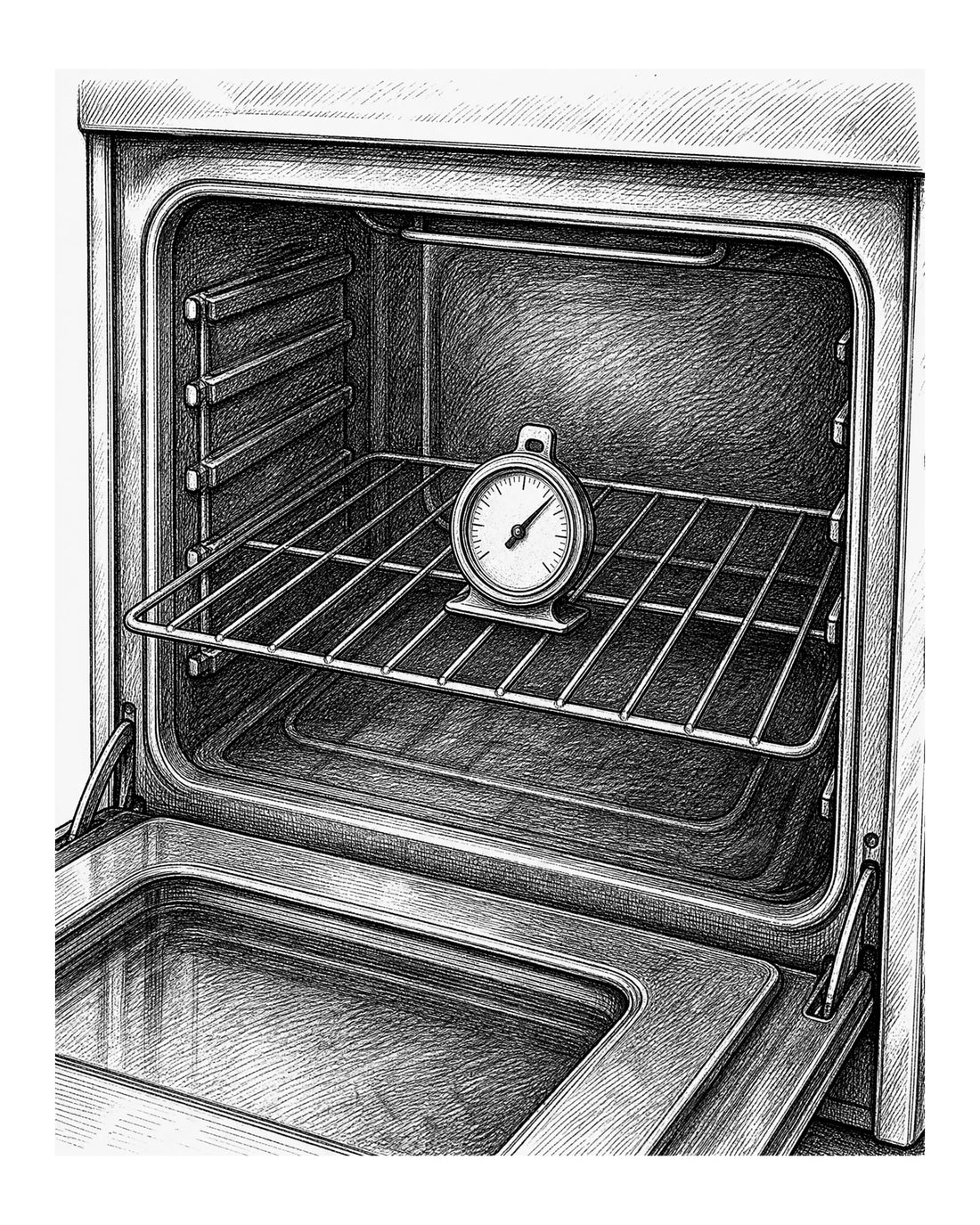 oven thermometer resting on the center wire rack of an open oven