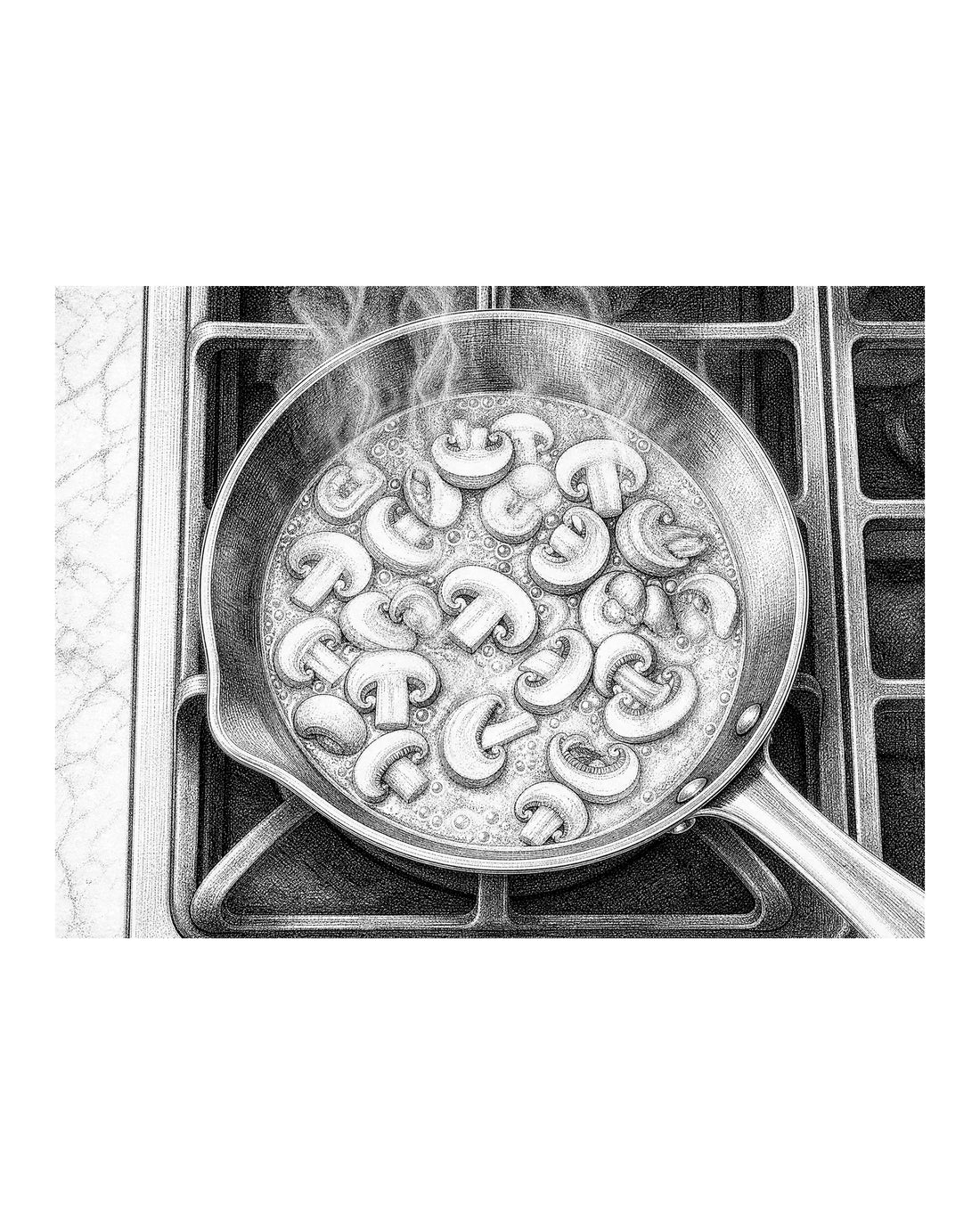 A skillet containing sliced mushrooms simmering in a small amount of water before oil is added.