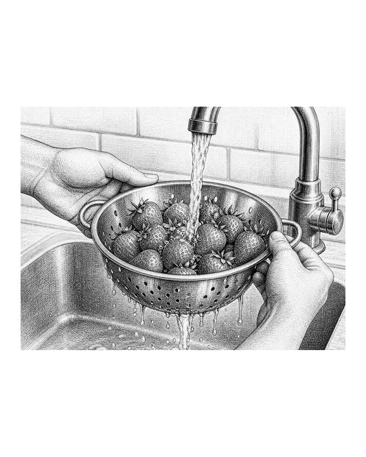 A person gently rinsing a colander of fresh strawberries under cool running water in a kitchen sink.