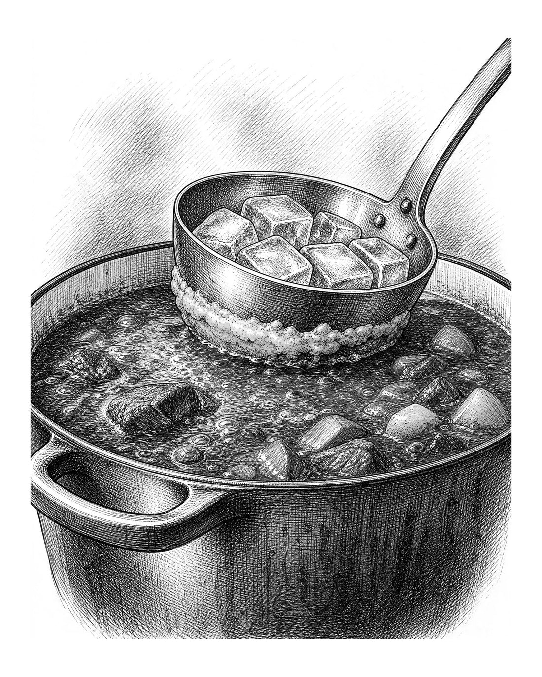 A metal ladle filled with ice cubes gently pressed against the surface of a simmering pot, bottom coated with congealed fat.