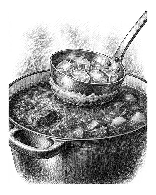 A metal ladle filled with ice cubes gently pressed against the surface of a simmering pot, bottom coated with congealed fat.