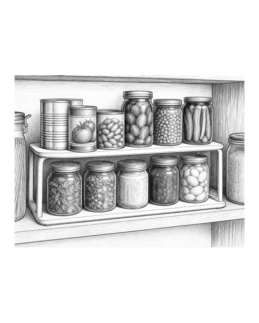 A line drawing of a pantry shelf with a tiered riser holding canned goods, showing how vertical space is utilized.