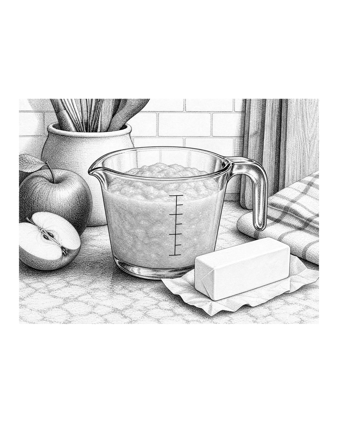 A measuring cup filled with unsweetened applesauce next to a stick of butter on a kitchen counter.