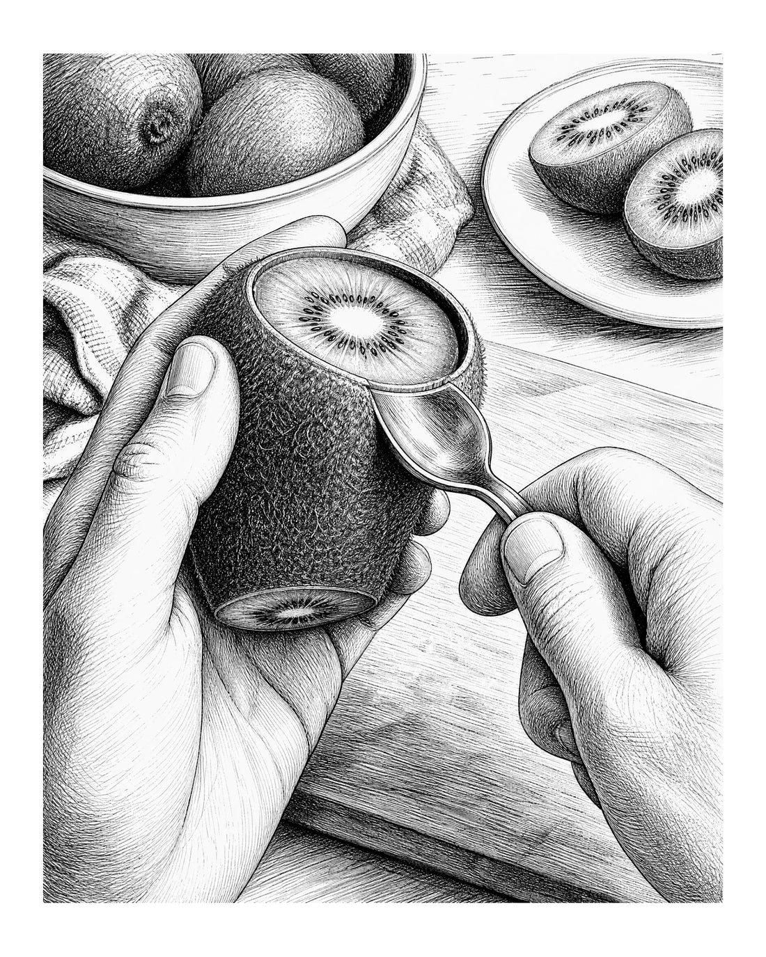 Two hands hold a kiwi with its ends sliced off as a metal tablespoon is slid between skin and flesh