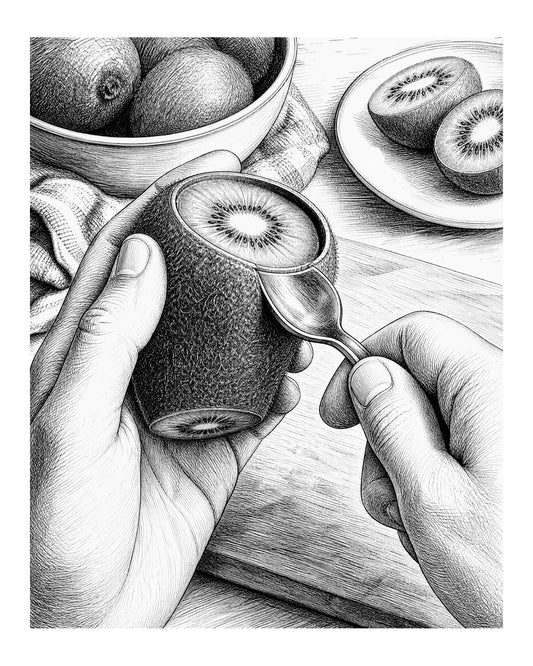 Two hands hold a kiwi with its ends sliced off as a metal tablespoon is slid between skin and flesh