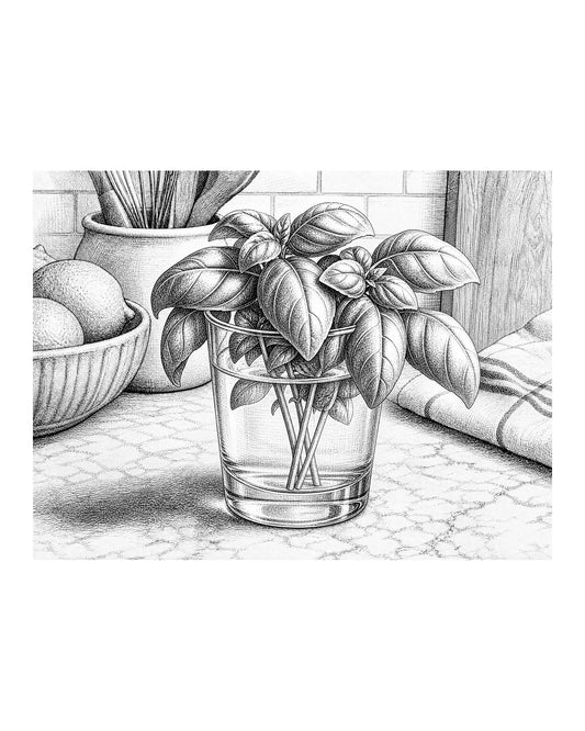 A bunch of fresh basil with its stems submerged in a glass of water on a kitchen counter.
