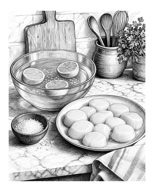 A bowl of water sits beside lemon halves and a pile of salt next to a plate of raw sea scallops on a counter
