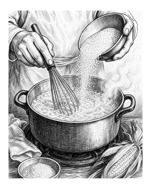 hands whisking a pot of boiling liquid as cornmeal is poured in a slow steady stream from above
