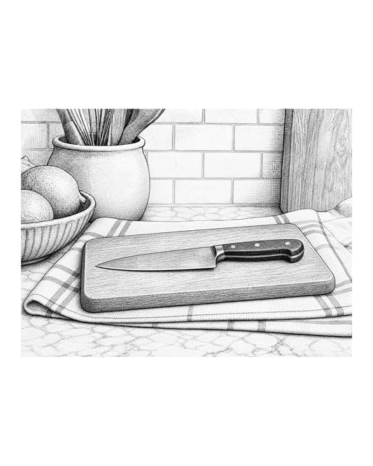 A damp kitchen towel placed flat underneath a wooden cutting board on a countertop.