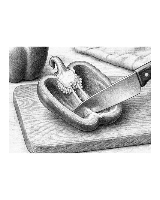 A chef's knife slicing through a bell pepper half that is placed meaty side up on a cutting board.