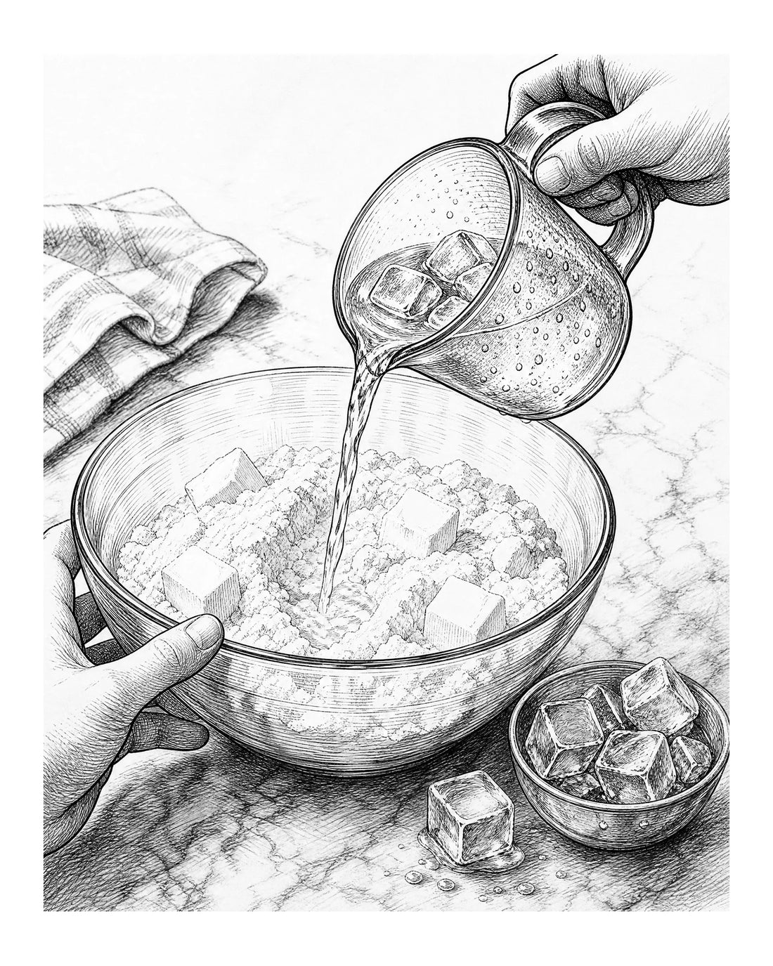 A cook pours chilled clear liquid from a measuring cup into a bowl of flour and butter chunks.