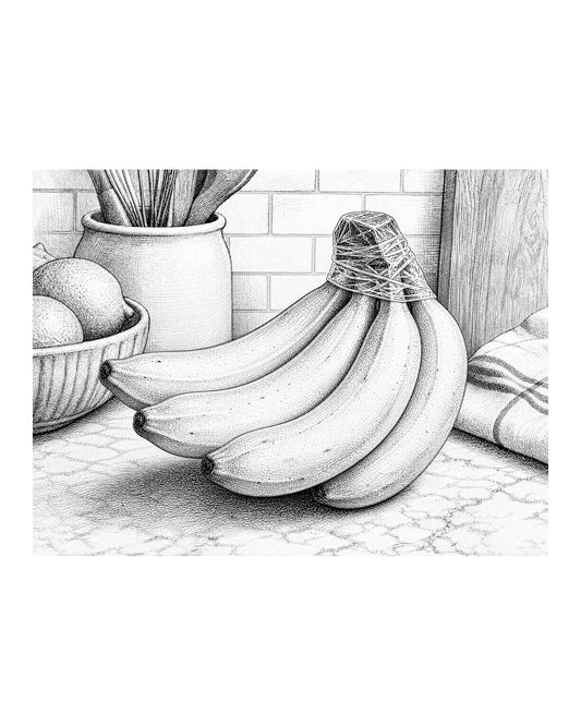 A bunch of bananas with the crown of stems tightly wrapped in clear plastic wrap.