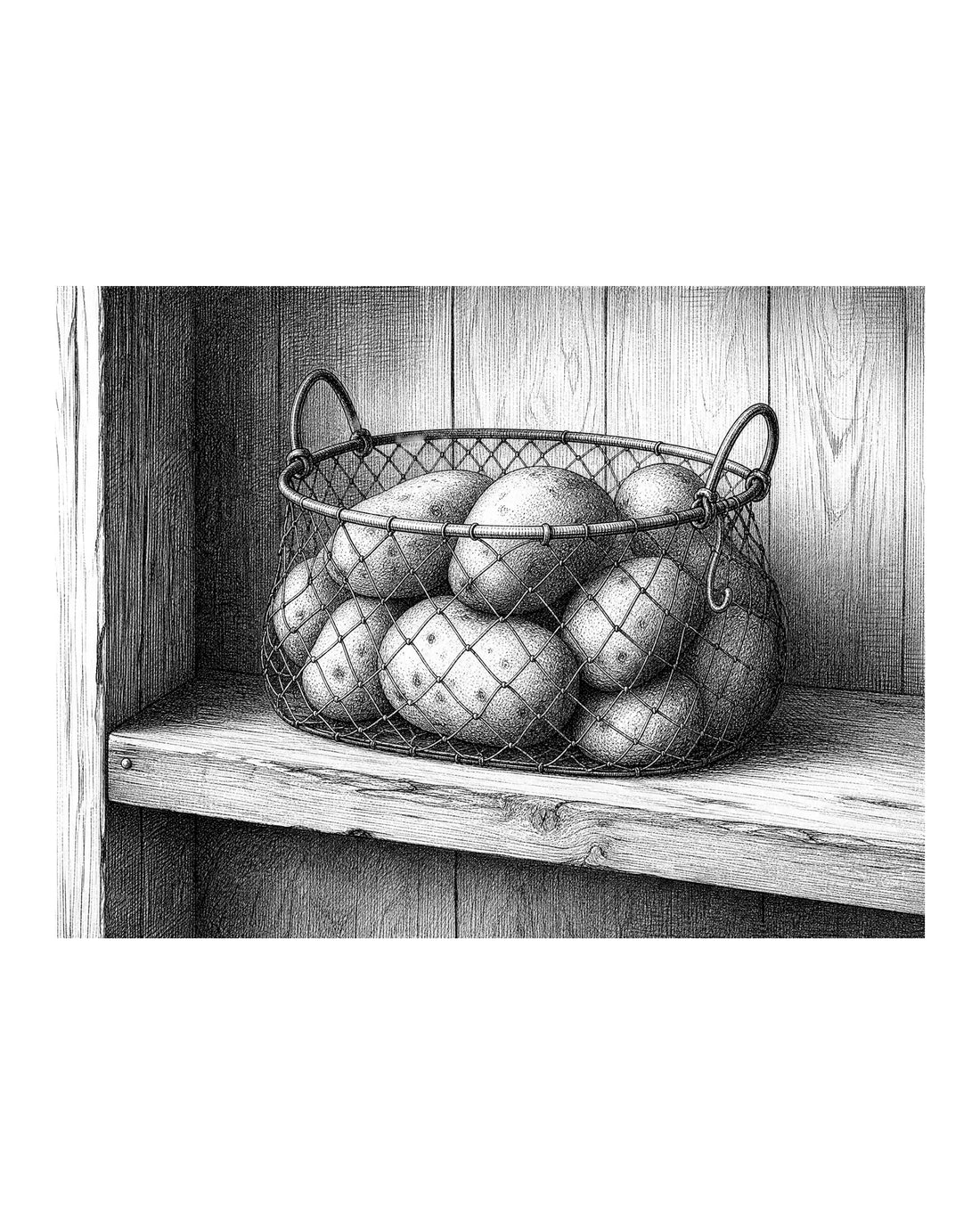 A wire basket filled with potatoes sitting in a cool, dark pantry away from light and heat sources.