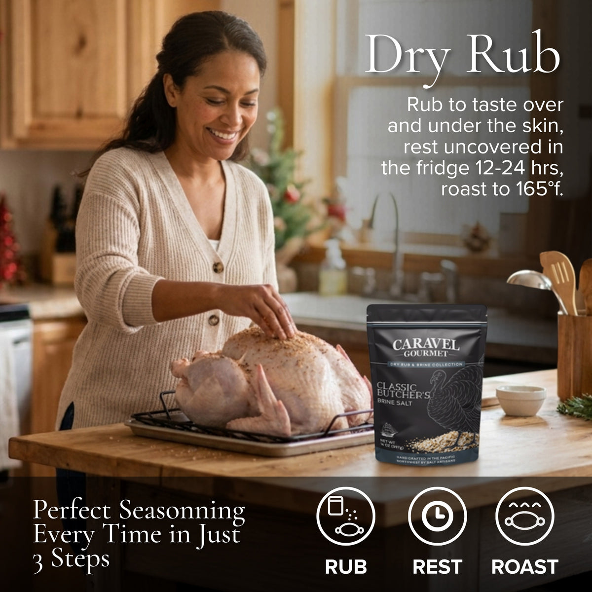 Dry rub method: rub, rest, roast