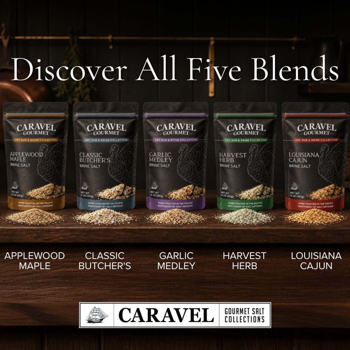 All five Caravel Gourmet turkey brine blends